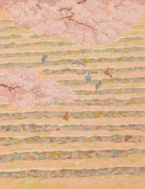池田遙邨の和の桜の絵のリトグラフの版画「花の石段」を通販で販売