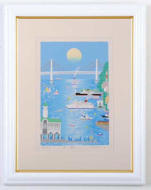 吉岡浩太郎がシルクスクリーンの版画で制作した横浜の海の絵「出航」を